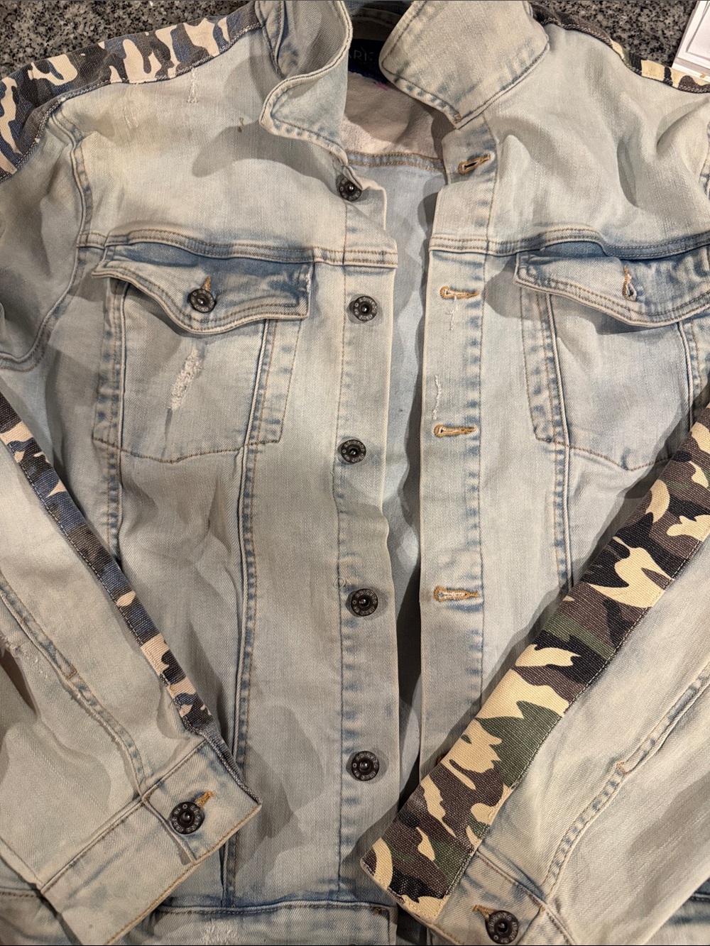 Arizona Jean Company Light Wash Denim Jacket with Camouflage Trim